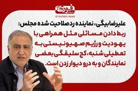 علیرضا‌بیگی، نماینده رد‌صلاحیت شده مجلس: ربط دادن مسائلی مثل همراهی با یهودیت و رژیم صهیونیستی به تعطیلی شنبه کج سلیقگی بعضی نمایندگان و به درو دیوار زدن‌ است.